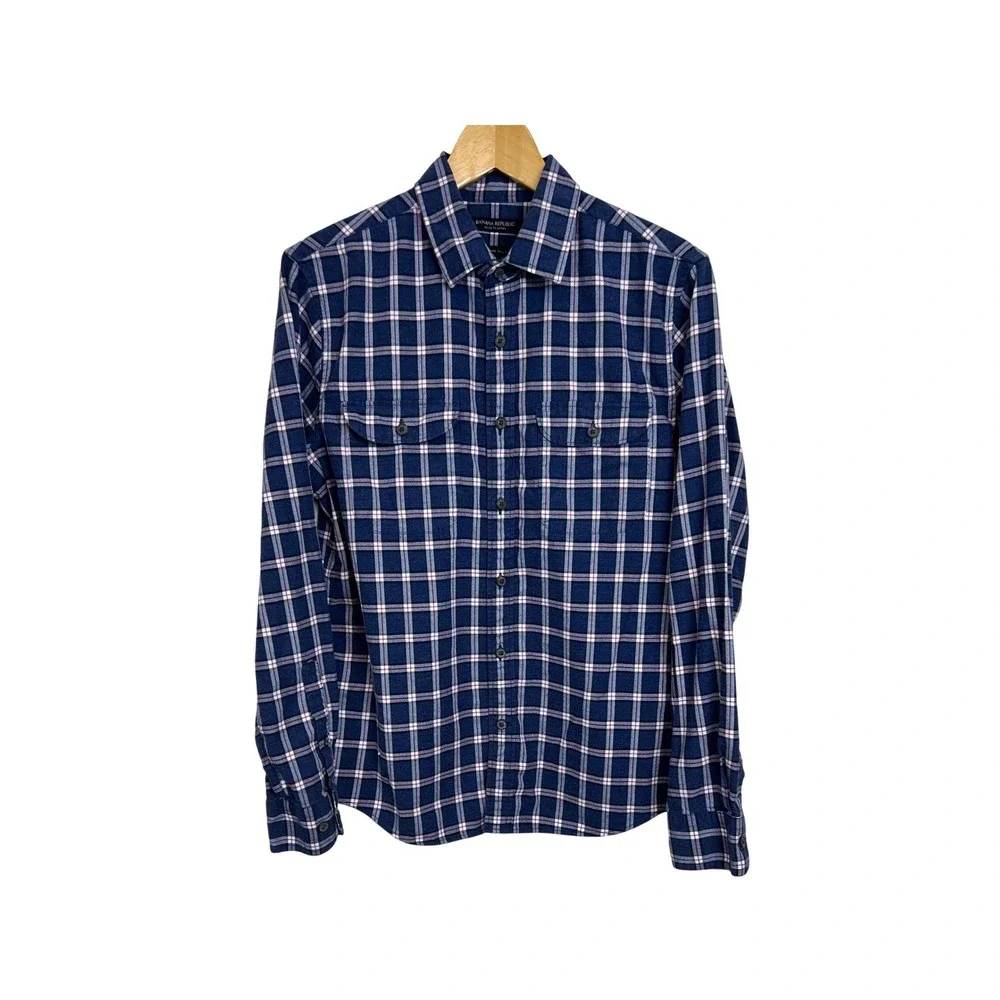 Banana Republic Flannel Shirt Men M Blue Plaid Slim Fit Untucked Button Up G07